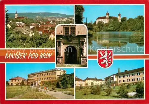 AK / Ansichtskarte Mnisek_pod_Brdy_CZ Celkovy pohled Zamek Zamecka brana Zakladni devitileta skola Sidliste Pod skalkou  