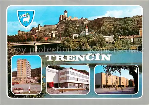 AK / Ansichtskarte Trencin_Trentschinteplitz Blick ueber die Waag zur Stadt Burg Hochhaus Moderne Architektur Trencin Trentschinteplitz