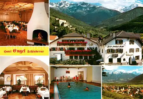 AK / Ansichtskarte Schluderns_Suedtirol Hotel Engel Kaminzimmer Gastraum Hallenbad Panorama Schluderns Suedtirol