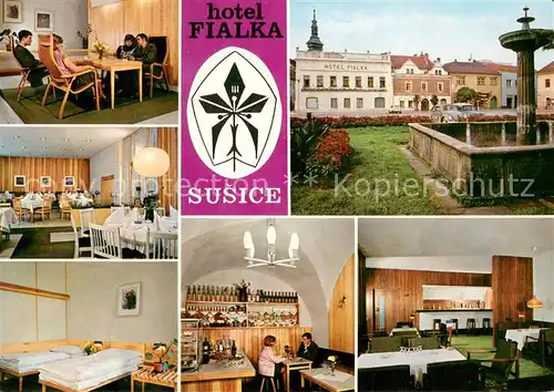 AK / Ansichtskarte Susice_CZ Hotel Fialka Gastraeume Brunnen Zimmer Bar 
