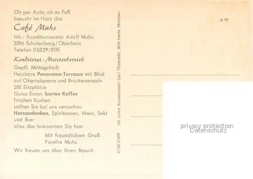 AK / Ansichtskarte Schulenberg_Oberharz Panorama Cafe Muhs Gaststube Okertalsperre  Schulenberg_Oberharz