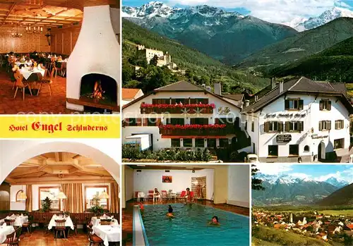 AK / Ansichtskarte Schluderns_Suedtirol Hotel Engel Kaminzimmer Gaststube Hallenbad Panorama Schluderns Suedtirol