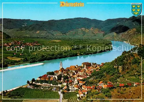 AK / Ansichtskarte Duernstein_Wachau Fliegeraufnahme mit Pfarrkirche Maria Himmelfahrt und Ruine Duernstein Duernstein_Wachau