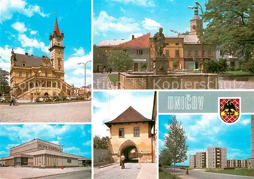 AK / Ansichtskarte Unicov_Maehrisch Neustadt_CZ Radnice Nam 9 kvetna s kasnou Kino Druzba Medelska brana Sidliste 