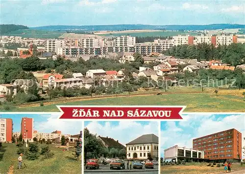 AK / Ansichtskarte Zdar_nad_Sazavou_Saar Panorama Vyrostla v nem cetna sidliste Budova OV KSC Stara radnice na Gottwaldove  Zdar_nad_Sazavou_Saar