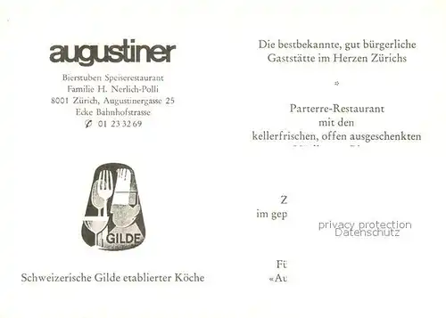 AK / Ansichtskarte Zuerich_ZH Augustiner Bierstuben Speiserestaurant Zuerich_ZH