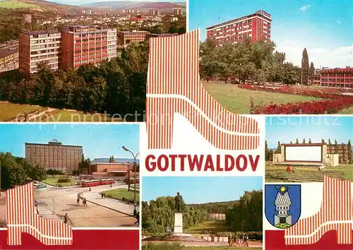 AK / Ansichtskarte Gottwaldov_Tschechien Obchodni dum Prior Namesti Prace s administrativni budovou np Svit Interhotel Moskva Socha Klementa Gottwaldo Letni kino Gottwaldov Tschechien