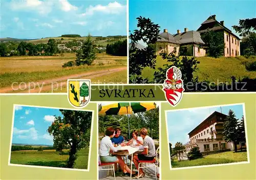 AK / Ansichtskarte Svratka_Swratka_CZ Cestovnimu ruchu slouzi Interhotel Manes Blizky zamecek Karlstejn 