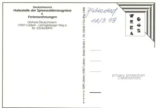 AK / Ansichtskarte Luebben_Spreewald Deutschmanns Haltestelle der Spreewalderzeugnisse und Ferienwohnungen Luebben Spreewald