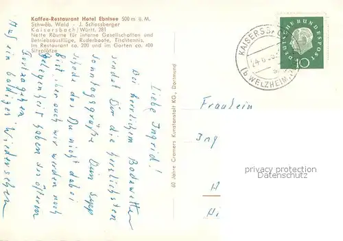 AK / Ansichtskarte Kaisersbach_Welzheim Kaffee Restaurant Hotel Ebnisee Kaisersbach Welzheim