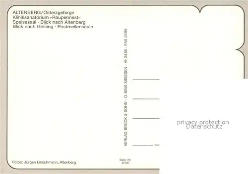 AK / Ansichtskarte Altenberg_Erzgebirge Kliniksanatorium Raupennest Speisesaal Panorama Geisingblick Postmeilensaeule Altenberg Erzgebirge