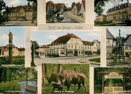 AK / Ansichtskarte Springe_Deister Bahnhof Lange Str Jagdschloss Hotel Friese Marienbrunnen Partie im Volkspark Eingang Wisente im Freigehege  Springe_Deister