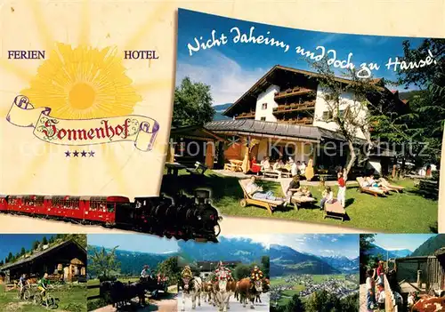 AK / Ansichtskarte Zell_Ziller_Tirol Ferienhotel Sonnenhof Liegewiese Radfahren Pferdekutsche Almabtrieb Panorama Zell_Ziller_Tirol