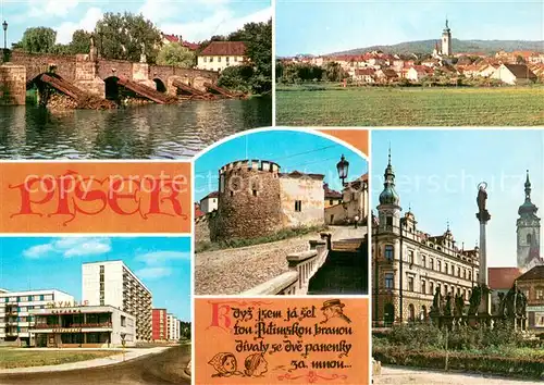 AK / Ansichtskarte Pisek_CZ Wottawa Bruecke Stadtansicht mit Kirche Restaurant Olympie Burg Altstadt Platz 