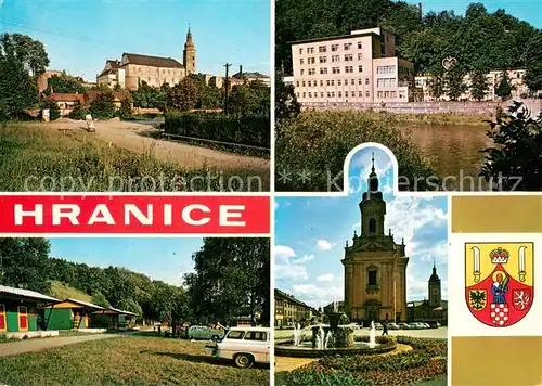 AK / Ansichtskarte Hranice_nad_Morave_Maehrisch_Weisskirchen_CZ Schloss Kurhotel Autocamping Gottwaldplatz Kirche Wappen 