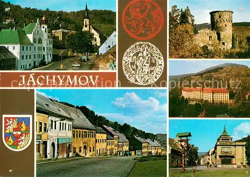 AK / Ansichtskarte Jachymov_Sankt_Joachimsthal Ansicht mit Kirche Burgruine Hotel Haeuserpartie Innenstadt Wappen 