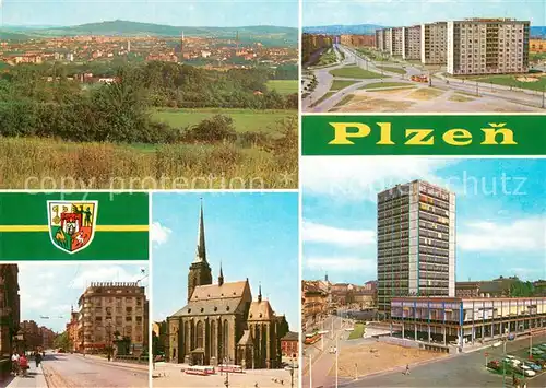 AK / Ansichtskarte Plzen_Pilsen Stadtpanorama Wohnsiedlung Hochhaeuser Kirche Innenstadt Plzen Pilsen