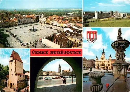 AK / Ansichtskarte Ceske_Budejovice Platz Innenstadt Brunnen Wohnsiedlung Hochhaeuser Ceske Budejovice