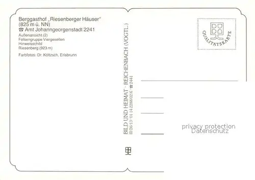AK / Ansichtskarte Johanngeorgenstadt Berggasthof Riesenberger Haeuser Felsengruppe Viergesellen Hinweisschild Riesenberg Johanngeorgenstadt