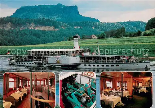 AK / Ansichtskarte Rathen_Saechsische Schweiz Fahrgastschiff Leipzig Gastraum Antriebsschacht Am Elbbogen mit Lilienstein Rathen Saechsische Schweiz
