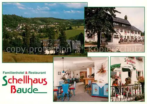 AK / Ansichtskarte Geising_Erzgebirge Panorama Familienhotel Restaurant Schellhaus Baude Gastraum Terrasse Geising Erzgebirge