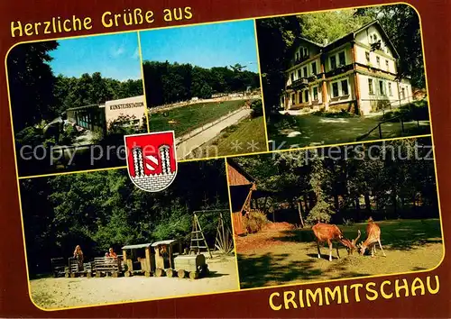 AK / Ansichtskarte Crimmitschau Kunsteisstadion Sahnbad Forsthaus Spielplatz im Sahnpark Tiergehege Crimmitschau