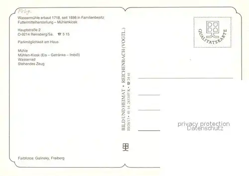 AK / Ansichtskarte Reinsberg_Freiberg Uhlig Muehle Muehlen Kiosk Wasserrad Stehendes Zeug Reinsberg Freiberg