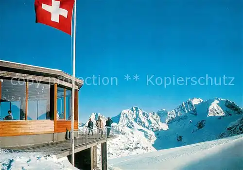 AK / Ansichtskarte Corvatsch_Silvaplana_GR Bergrestaurant Corvatsch Bergstation mit Berninagruppe Winterpanorama Alpen Corvatsch_Silvaplana_GR