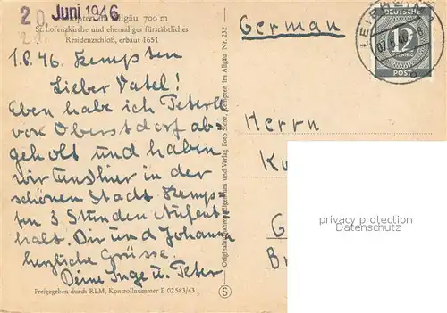 AK / Ansichtskarte Kempten_Allgaeu St. Lorenzkirche u. ehem. fuerstaebtliches Residenzschloss Kempten Allgaeu