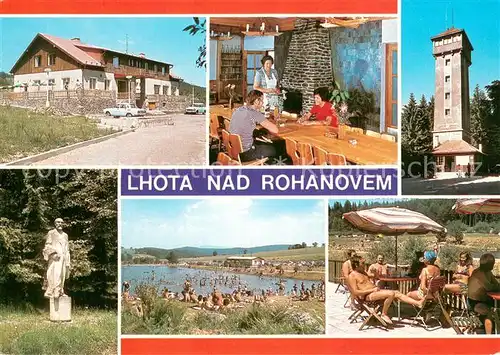 AK / Ansichtskarte Lhota_nad_Rohanovem Rekreacni stredisko Potraviny Interier rekreacniho strediska Rozhledna K Klostermanna Socha Klostermanna Koupaliste Odpocinek u koupaliste 