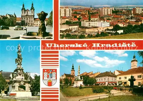 AK / Ansichtskarte Uherske_Hradiste_CZ Namesti Klementa Gottwalda Celkovy pohled Morovy sloup Namesti Rude armady 