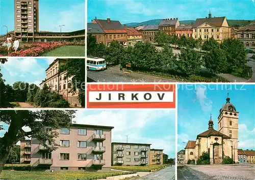 AK / Ansichtskarte Jirkov_CZ Obchodni centrum Gottwaldovo namesti Zamek Cerveny Hradek Fucikova ctvri Kostel  