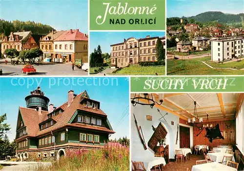 AK / Ansichtskarte Jablonne_nad_Orlici Namesti Skola Celkovy pohled Tyrsova chata na Suchem vrchu Jidelna Jablonne_nad_Orlici