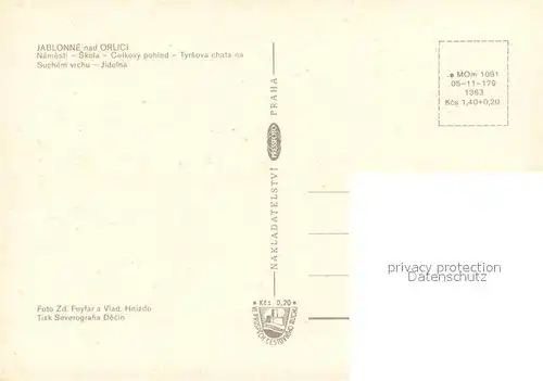 AK / Ansichtskarte Jablonne_nad_Orlici Namesti Skola Celkovy pohled Tyrsova chata na Suchem vrchu Jidelna Jablonne_nad_Orlici