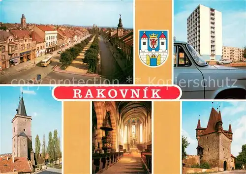 AK / Ansichtskarte Rakovnik_CZ Husovo namesti sidliste Vysoka brana chram sv Bartolomeje Prazska brana 