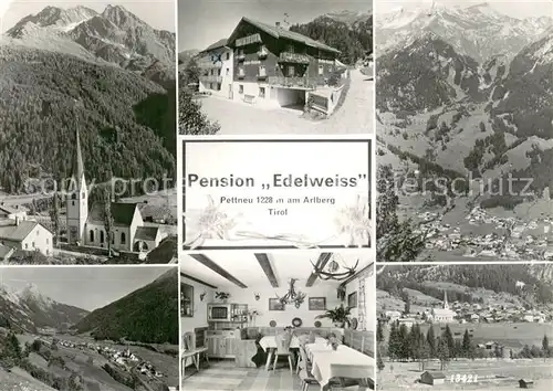 AK / Ansichtskarte Pettneu_Arlberg Pension Edelweiss Kirche Panorama Gastraum Pettneu Arlberg