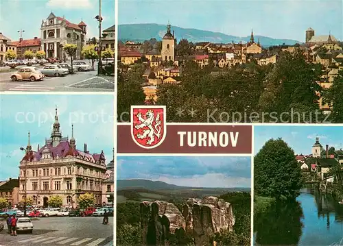 AK / Ansichtskarte Turnov_Turnau_CZ Stadtzentrum Platz Stadtpanorama Partie am Fluss Landschaft Felsen 