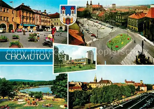 AK / Ansichtskarte Chomutov_CZ Marktplatz Innenstadt Badesee Liegewiese Stadtpanorama 