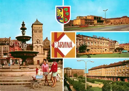 AK / Ansichtskarte Karvina_CZ Kasna a radnice na namesti 9. kvetna Dum kultury Hotel Jelen Namesti budovatelu 