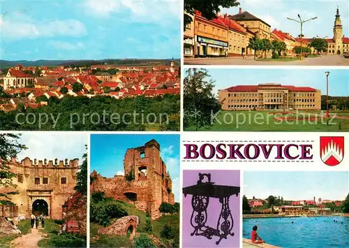 AK / Ansichtskarte Boskovice_CZ Panorama Renesancni brana hradu a cimburim Zriceniny hradu Namesti Obrancu miru Nemocnice Koupaliste 