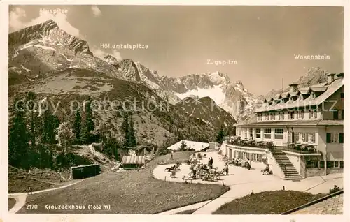 AK / Ansichtskarte Kreuzeckhaus mit Alpspitze Hoellentalspitze Zugspitze Waxenstein Kreuzeckhaus