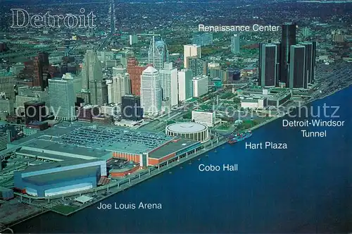 AK / Ansichtskarte Detroit_Michigan Fliegeraufnahme Motor City towering Renaissance Center and Detroit Windson Tunnel Cobo Hall Detroit River 
