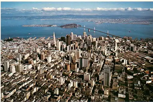 AK / Ansichtskarte San_Francisco_California Aerial view of downtown with bay bridge and East Bay 