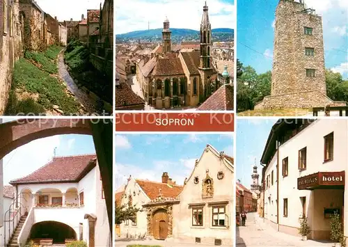 AK / Ansichtskarte Sopron_Oedenburg_HU Teilansichten Altstadt Turm Kirche Bachlauf 