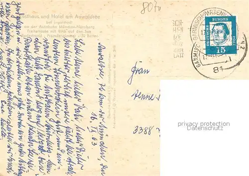 AK / Ansichtskarte Ingolstadt_Donau Gasthaus und Hotel am Auwaldsee Fliegeraufnahme Ingolstadt_Donau