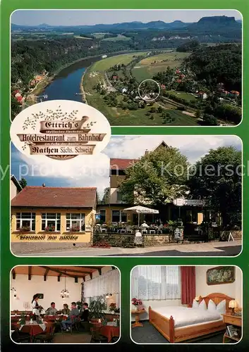 AK / Ansichtskarte Rathen_Saechsische Schweiz Fliegeraufnahme Hotel Restaurant am Bahnhof Terrasse Gaststube Zimmer Rathen Saechsische Schweiz