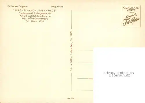AK / Ansichtskarte Muehlenrahmede Fuellbecke Talsperre Burg Altena Bergheim Muehlenrahmede Muehlenrahmede