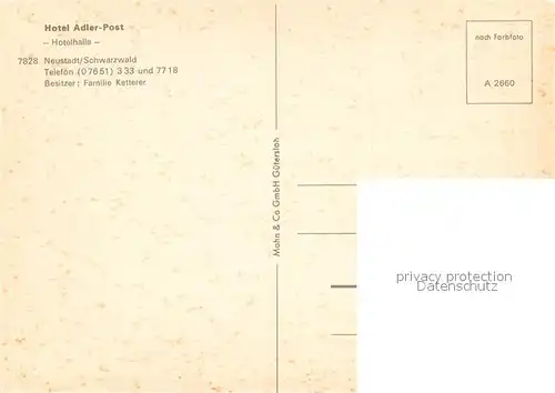 AK / Ansichtskarte Neustadt_Schwarzwald Hotel Adler Post Hotelhalle Neustadt_Schwarzwald
