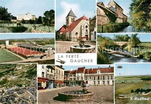 AK / Ansichtskarte La_Ferte Gaucher Le silo lEglise Saint Romain le Prieure lUsine de Ceramique la peche sur le Grand Morin la Place du General de Gaulle vue aerienne  La_Ferte Gaucher