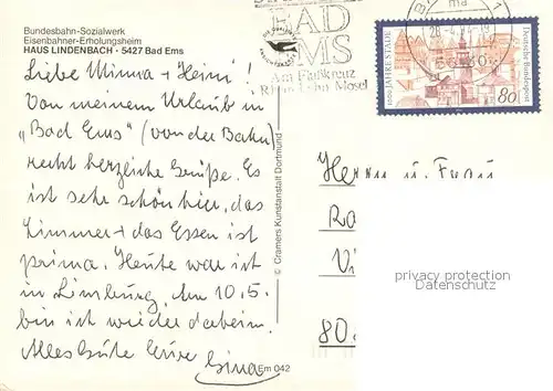 AK / Ansichtskarte Bad_Ems Bundesbahn Sozialwerk Haus Lindenbach Gastraeume Terrasse Park Bad_Ems